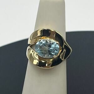 OT 925 Turkey Sterling Silver‎ vermeil Faceted Oval Prong Blue Topaz Ring Sz 5.5